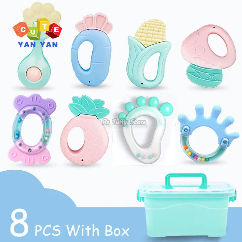 Set of 8 colorful baby teething toys shaped like a flower, shell, corn, mushroom, bear, pineapple, foot, and hand, with a turquoise storage box included.