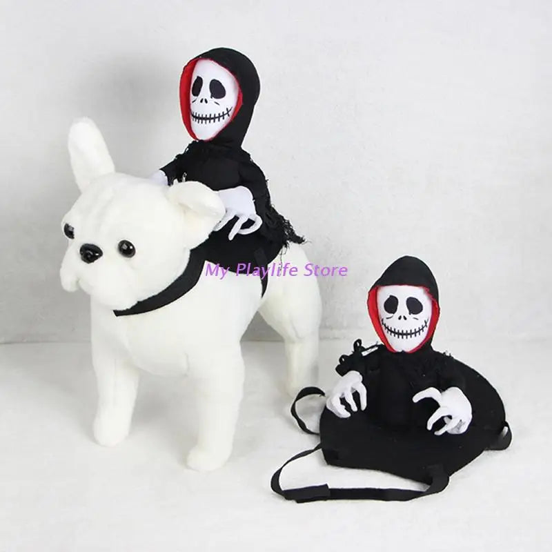Two plush skeleton figures in black cloaks; one rides a white plush dog, while the other sits next to it. Both have white skull faces with black eyes and cheeky grins.