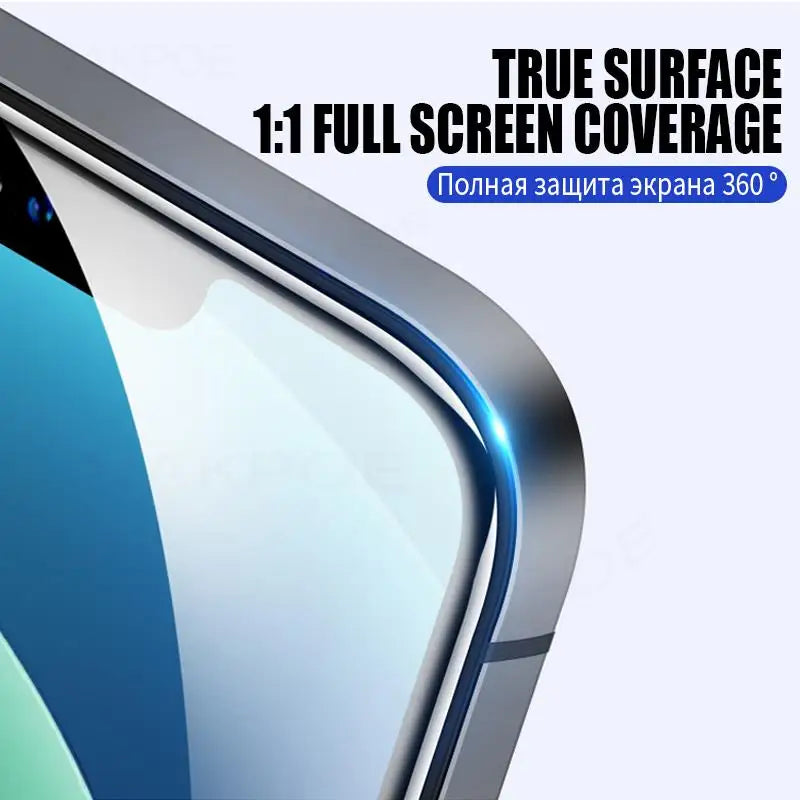 Close-up of a smartphone screen with a protective cover, featuring a metallic edge. Text reads "True Surface 1:1 Full Screen Coverage" and "Полная защита экрана 360°".