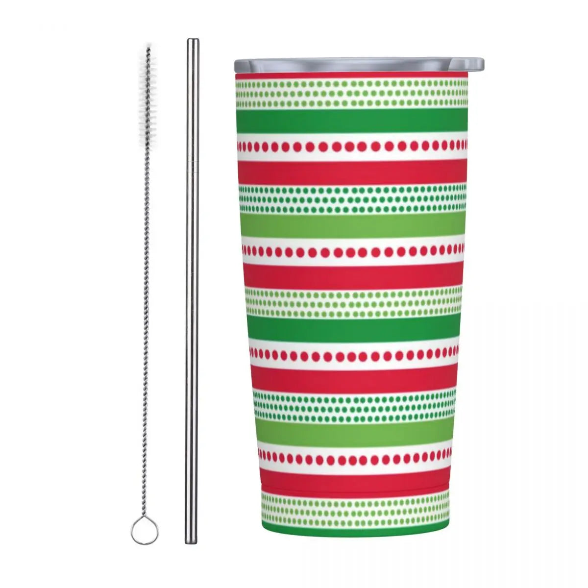 Festive tumbler with red, green, and white stripes and dots, paired with a metal straw and a cleaning brush.