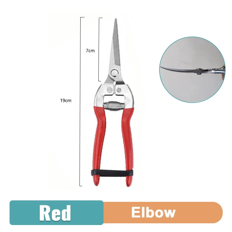 Red pruning shears with a 19cm handle and 7cm blades, featuring an elbow joint for precise trimming. Inset shows a close-up of the blade.