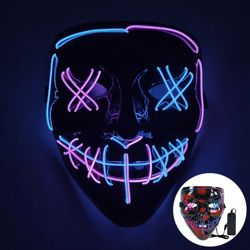 Illuminated neon mask with blue and pink LED lights forming crossed eyes and a stitched smile. Inset shows mask with a controller for light adjustment.