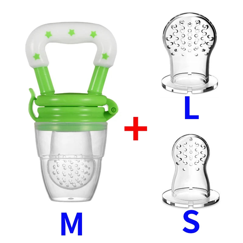 Green and white baby feeder with star pattern, plus two silicone nipples in small and large sizes. The feeder has a handle and perforated container for feeding.