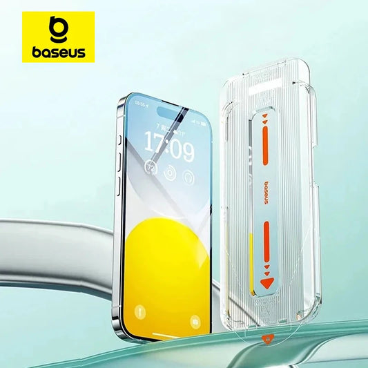 Smartphone with a vibrant screen displaying time and icons, next to a transparent, textured phone case. Baseus logo in the corner on a yellow background.