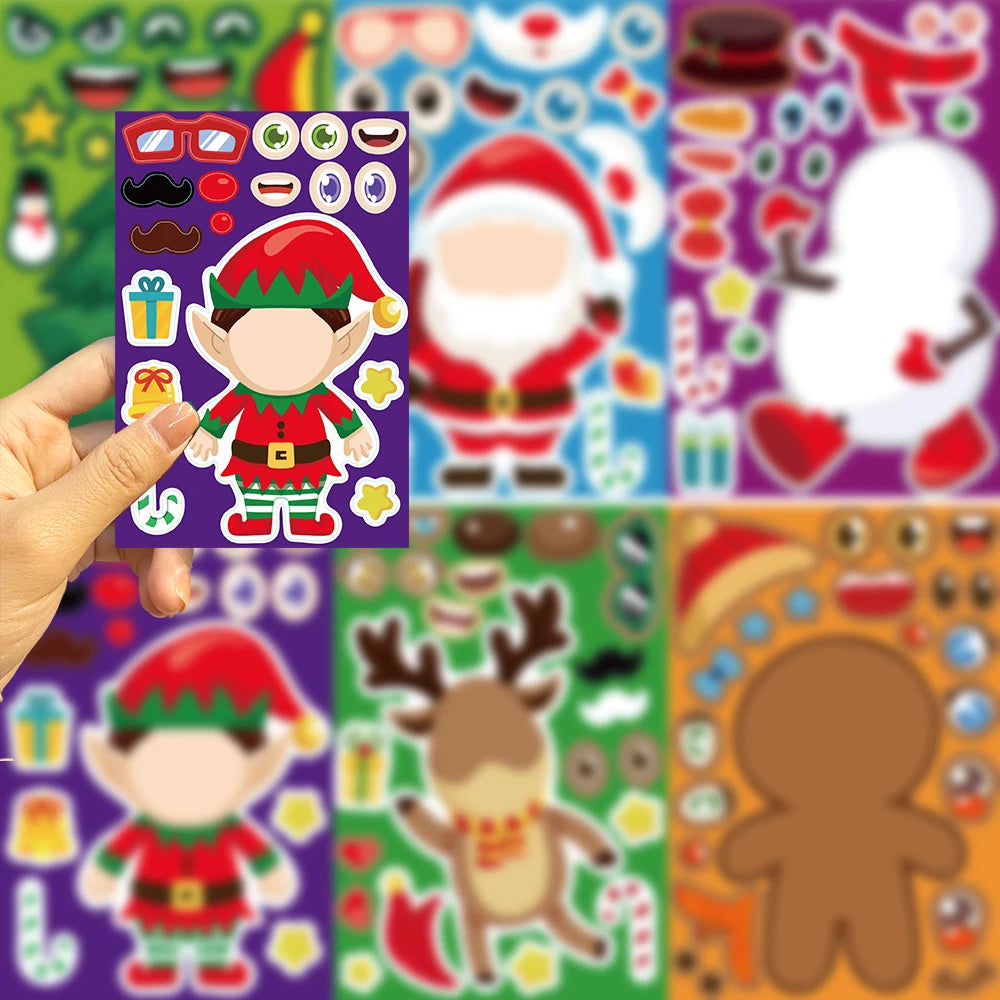 A hand holds a sticker sheet featuring an elf with detachable accessories like glasses and gifts. More festive sticker sheets with Santa, a snowman, reindeer, and gingerbread man are visible in the background.