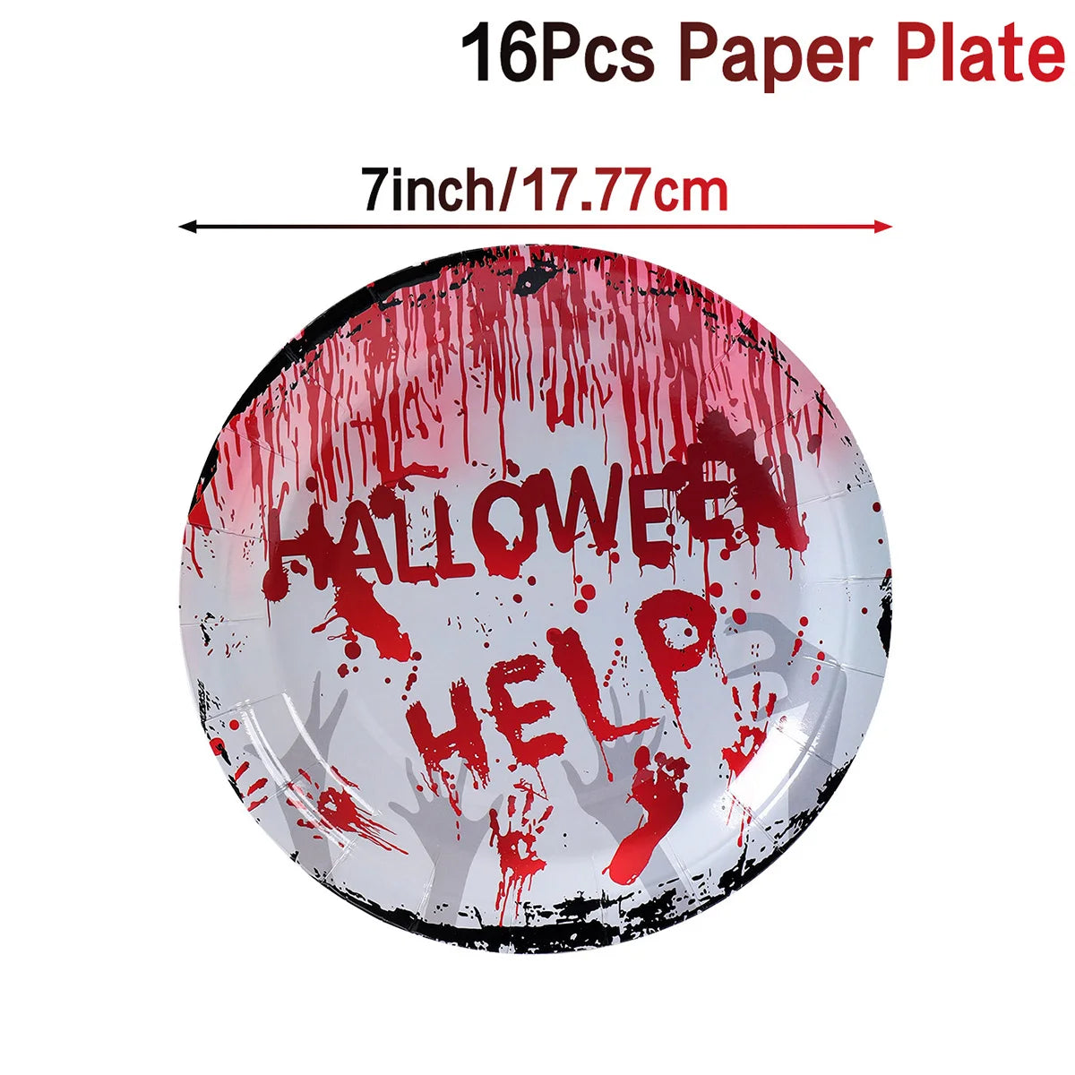 Round paper plate with red paint dripping resembling blood, featuring the words "Halloween Help" and a ghostly handprint design. Diameter: 7 inches (17.77 cm).