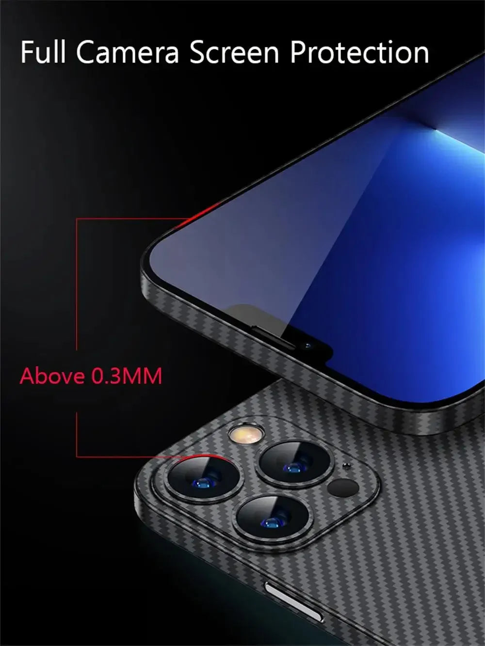Close-up of a smartphone corner showcasing a carbon fiber case with raised edges around the camera for protection. Text reads "Full Camera Screen Protection Above 0.3MM".