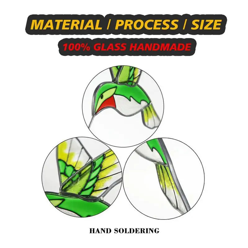 Close-up image of a handmade glass hummingbird showing detailed hand soldering. Text reads "Material | Process | Size," "100% Glass Handmade," and "Hand Soldering" in bold fonts.