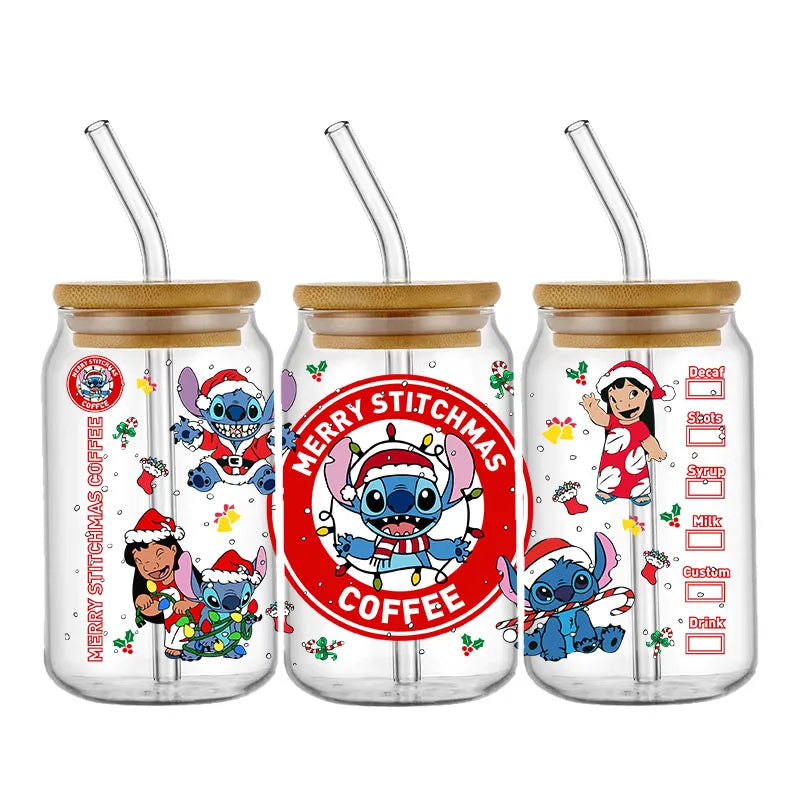 Three glass jars with bamboo lids and straws, featuring festive cartoon characters, including a blue alien in a Santa suit. Text reads "Merry Stitchmas Coffee" on one jar.