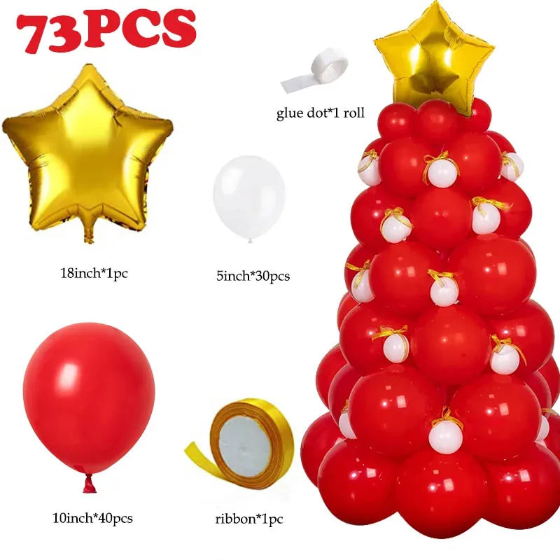 Balloon set with 73 pieces for festive decoration. Includes red balloons, white balloons, a gold star balloon, glue dots, and yellow ribbon, forming a tree shape.