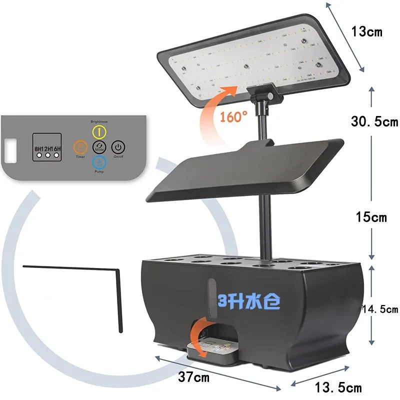 LED hydroponic indoor garden with adjustable 160° lighting panel. Dimensions: 37cm x 13.5cm x 30.5cm. Control panel features timer and brightness settings.