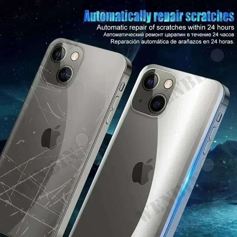 Two smartphones are displayed; one with a scratched back cover and the other pristine. Text above claims "Automatically repair scratches within 24 hours" in multiple languages.