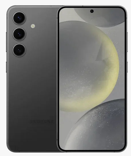A black smartphone with a triple camera setup on the back and a front display showing a futuristic, spherical abstract design in gray and yellow tones.
