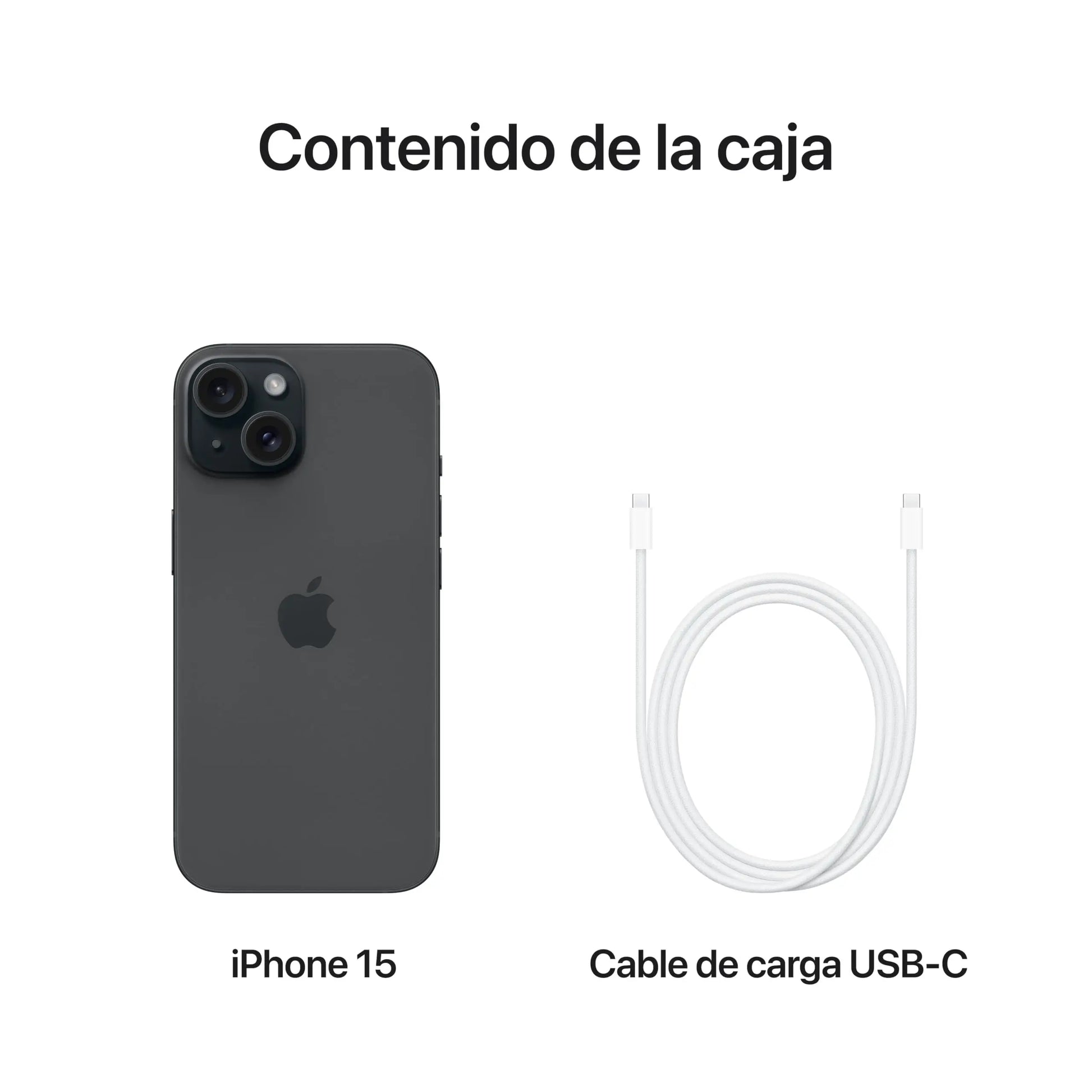 The image shows an iPhone 15 and a USB-C charging cable, with Spanish text "Contenido de la caja" indicating box contents.