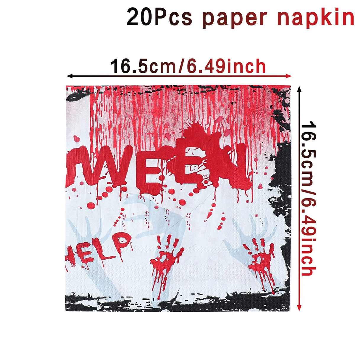 Halloween-themed napkin with red stains and handprints, saying "Help" and "WEEN" in a spooky font. Dimensions: 16.5cm (6.49 inches) each side. Pack of 20 napkins.
