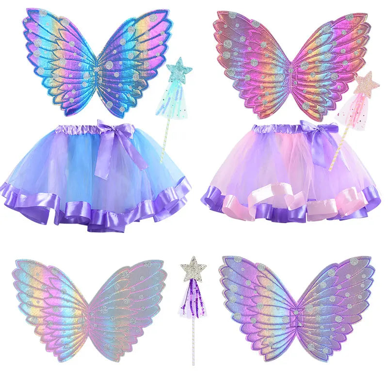 Colorful fairy costumes with butterfly wings and tutus in blue and pink hues. Includes matching star-tipped wands.