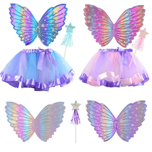 Colorful fairy costumes with butterfly wings and tutus in blue and pink hues. Includes matching star-tipped wands.