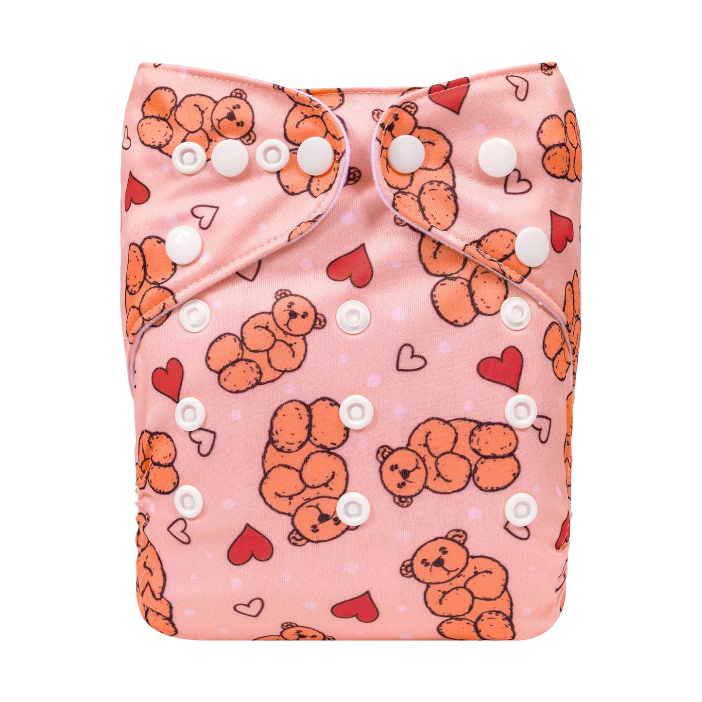 Pink cloth diaper with orange teddy bears and red hearts, featuring white snap buttons for adjustments.