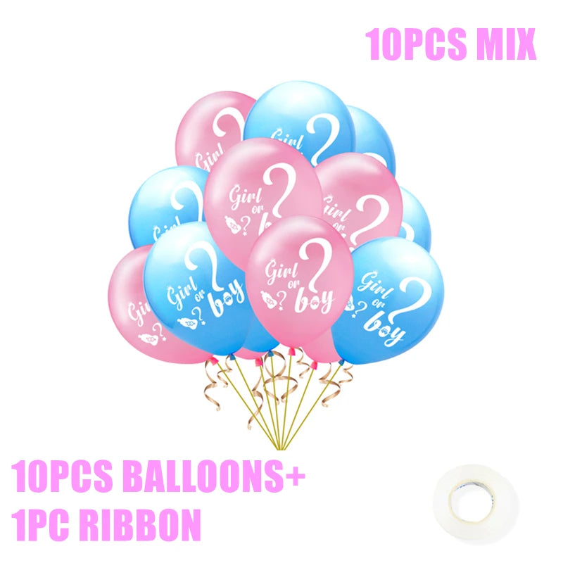 Pink and blue balloons with "Girl or Boy" text and question marks, indicating a gender reveal theme. Includes gold ribbons and white roll labeled "10pcs balloons + 1pc ribbon."