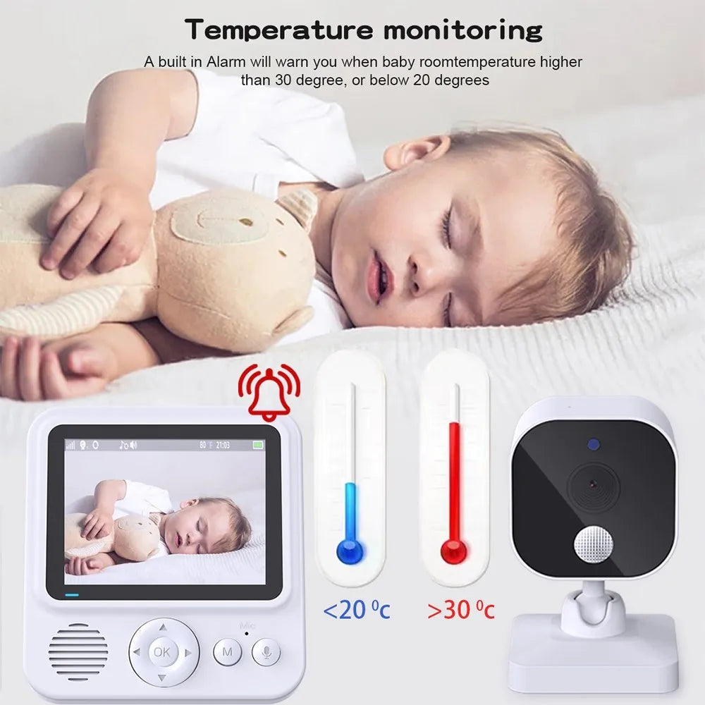 A sleeping baby holding a stuffed toy. A video monitor shows the baby and includes temperature alerts for below 20°C or above 30°C, indicating a temperature monitoring system.