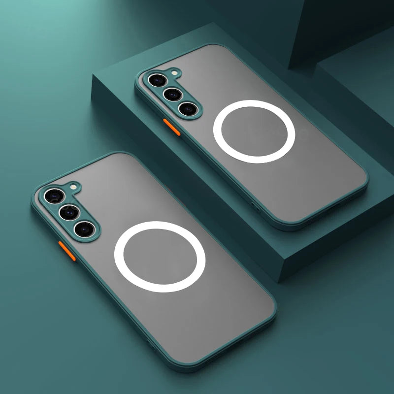 Two sleek smartphone cases on a teal surface, featuring a large white circle in the center and three camera cutouts. The cases have a minimalist design with orange accents.