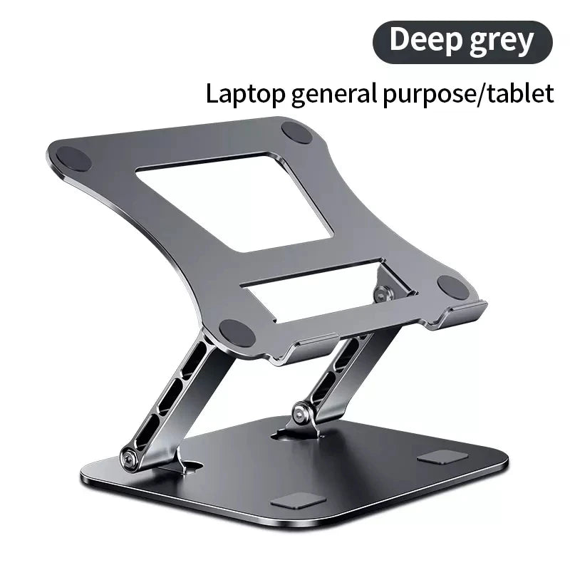Adjustable deep grey laptop or tablet stand with a sturdy base and ventilation cutouts, designed for general-purpose use.