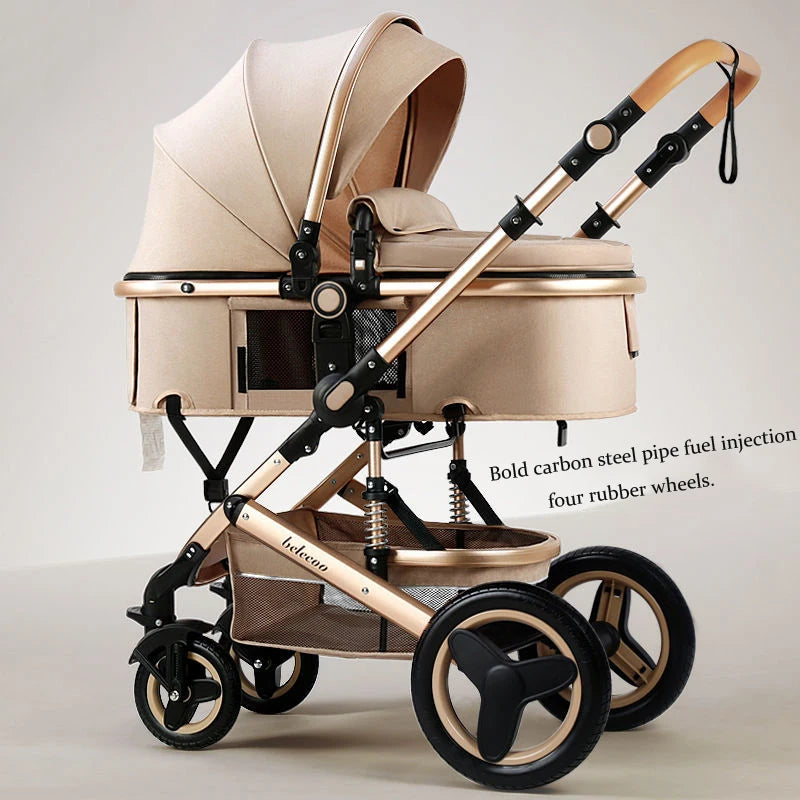 Beige baby stroller with a canopy and a sturdy carbon steel frame. Features four rubber wheels and adjustable handlebars. The text highlights durability and design.