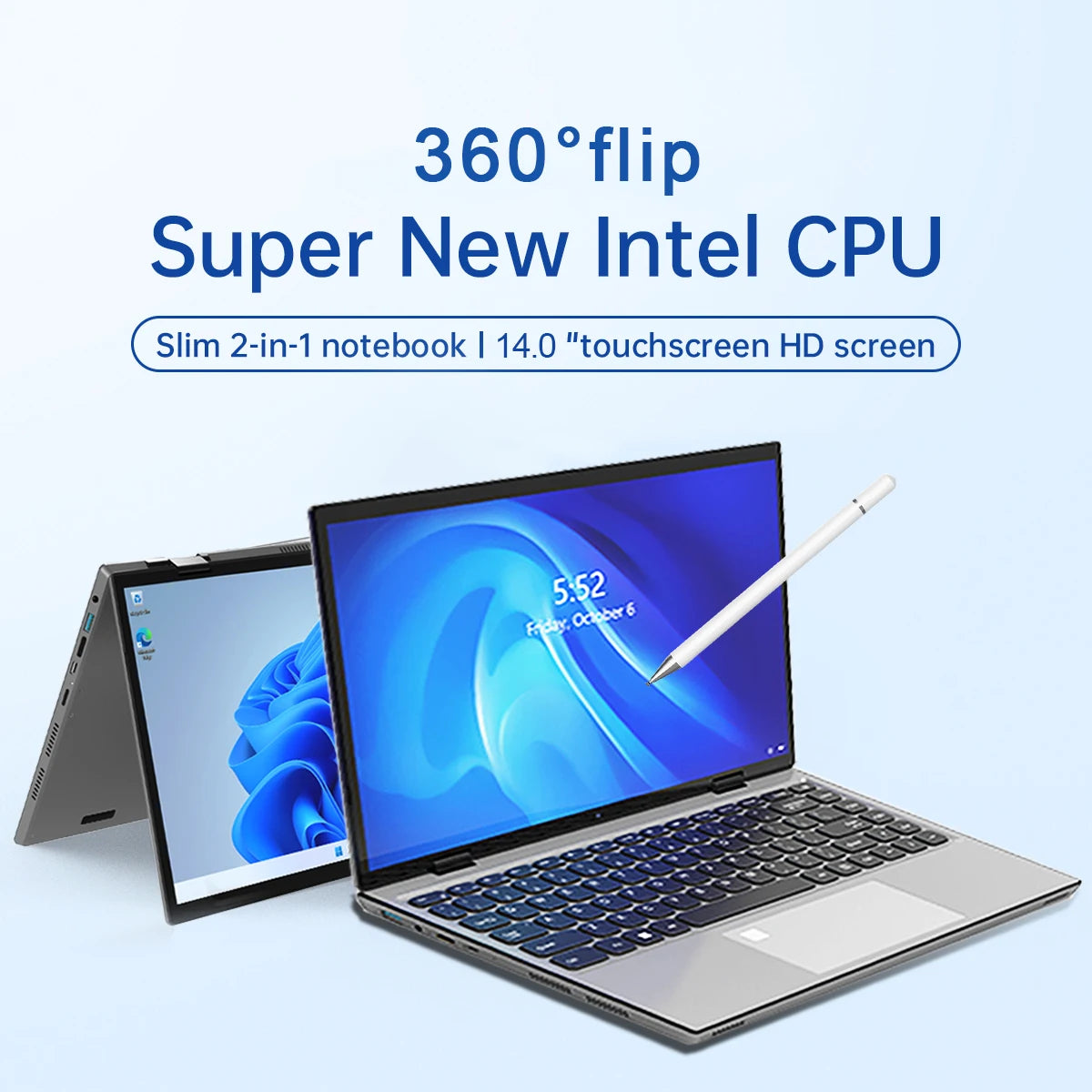 Convertible laptop with a 14-inch touchscreen displays a blue abstract design. Features a 360-degree flip, new Intel CPU, and includes a stylus. Background text highlights specs.