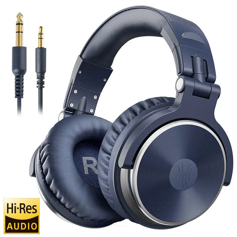 Blue over-ear headphones with cushioned pads and folding design, featuring a spiral cable and Hi-Res Audio badge. Two detachable gold-plated connectors included.