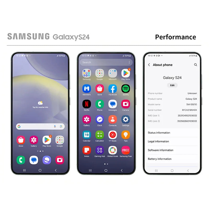 Three Samsung Galaxy S24 phones displayed: home screen, app menu with various icons, and phone settings showing model details.
