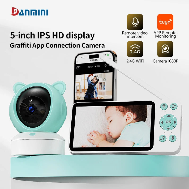 Baby monitoring system with a 5-inch HD display, mint green camera, and smartphone app connection. Features include video intercom, remote monitoring, 2.4G WiFi, and 1080P camera.