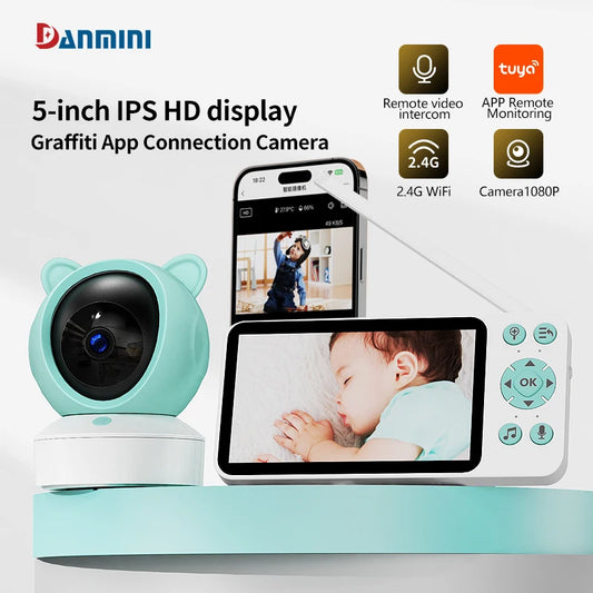 Baby monitoring system with a 5-inch HD display, mint green camera, and smartphone app connection. Features include video intercom, remote monitoring, 2.4G WiFi, and 1080P camera.