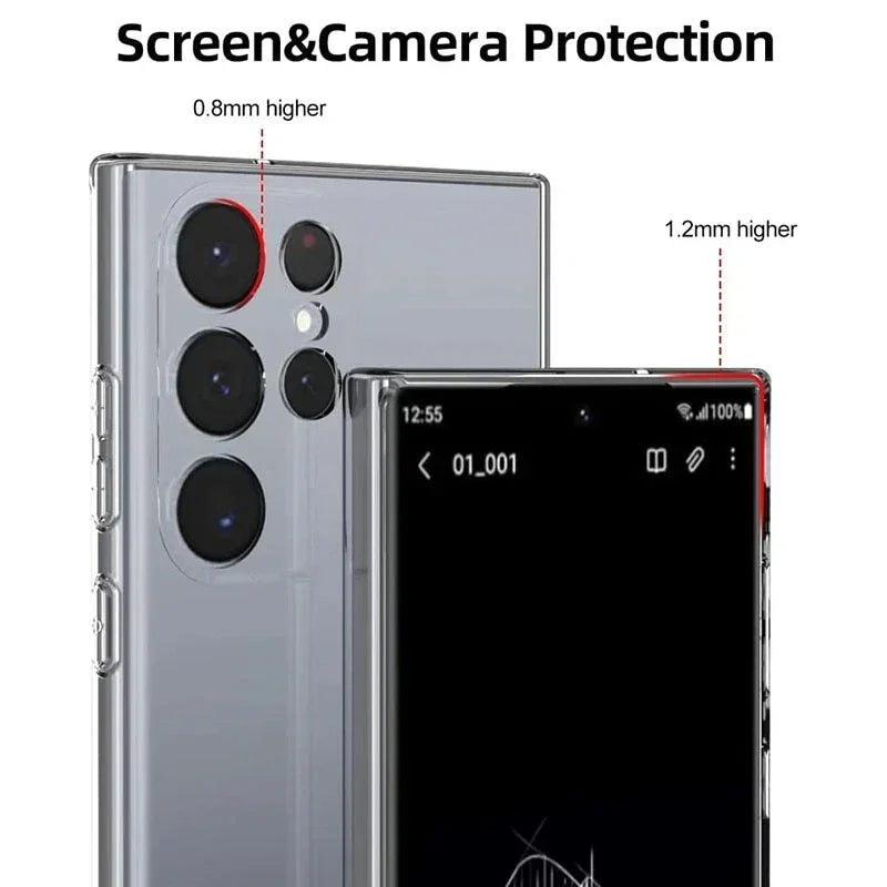 Clear phone case with raised edges protects screen and camera, highlighting 0.8mm elevation for camera and 1.2mm for screen. Display shows interface with battery indicator.