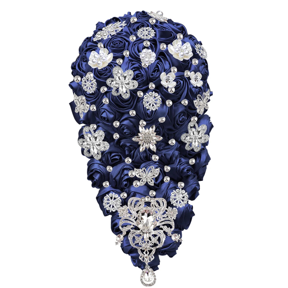 A teardrop-shaped bouquet of deep blue satin roses adorned with silver rhinestone floral brooches and pearl-like beads, creating an elegant, opulent design.