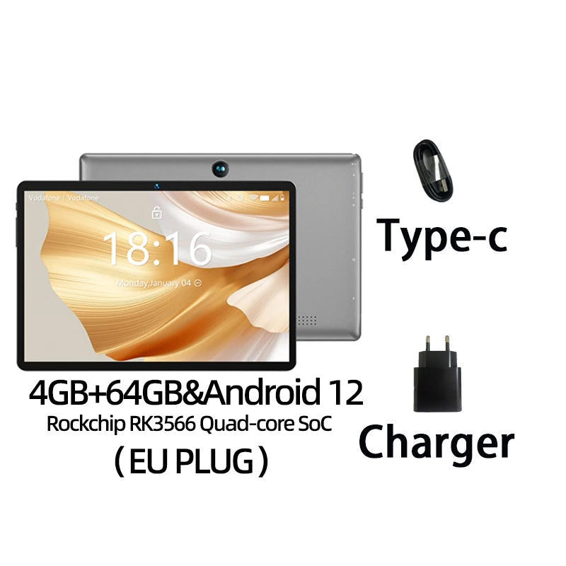 Tablet with 4GB RAM, 64GB storage, Android 12, Rockchip RK3566, EU plug. Display shows 18:16 on a golden abstract background. Includes Type-C cable and charger.