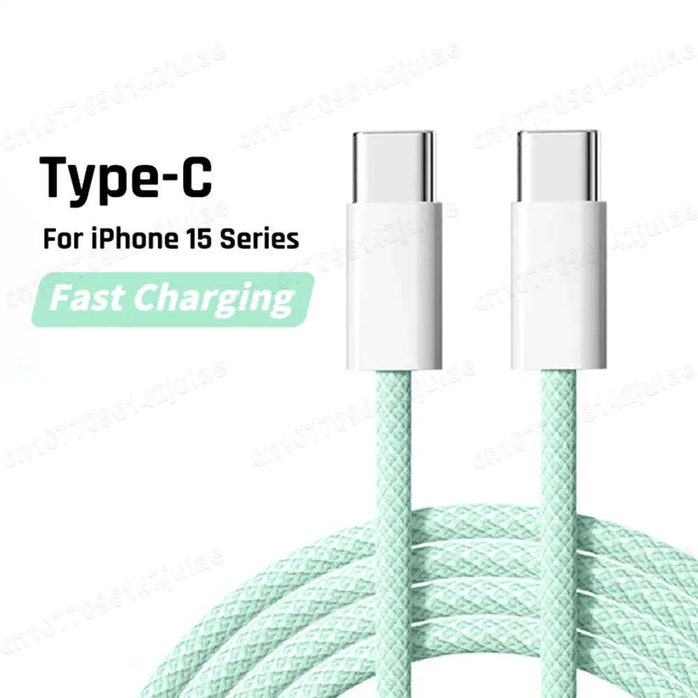 Mint green Type-C cable for iPhone 15 series with fast charging capability. Two connectors are shown on a white background with text indicating compatibility and charging speed.