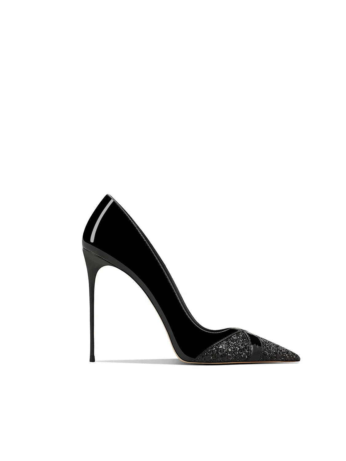 Elegant black stiletto heel with a pointed toe and shimmering glitter detail on the front, set against a plain white background.