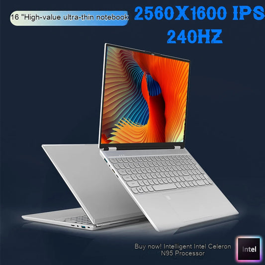 16-inch ultra-thin notebook with 2560x1600 IPS display, 240Hz refresh rate. Features an Intel Celeron N95 processor. Sleek design on a dark background.