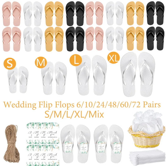 Assorted wedding flip flops in white, gold, black, and blush, shown in sizes S, M, L, XL. Includes decorative tags, natural twine, and a basket with bags, available in various quantities.