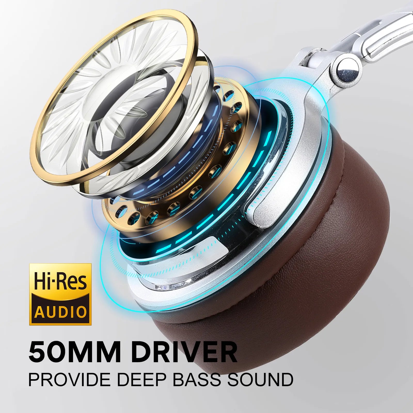 Exploded view of a headphone's 50mm driver showcasing its components. Text highlights "Hi-Res Audio" and "Provide Deep Bass Sound" on a sleek design with brown padding.