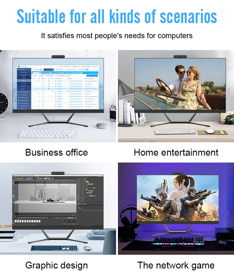 Four computer setups show versatility: business office with spreadsheet, home entertainment with movie, graphic design with 3D software, and gaming with action scene on screen.