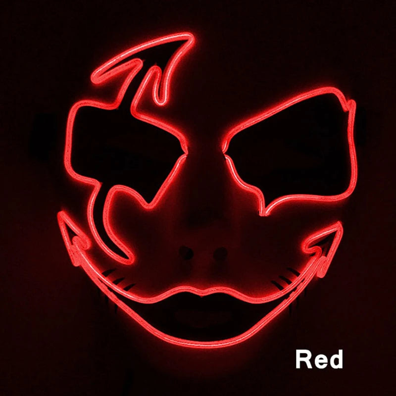 Glowing red LED mask with abstract, jagged eye shapes and a wide, menacing smile in a dark background. The word "Red" is displayed in white text at the bottom right.