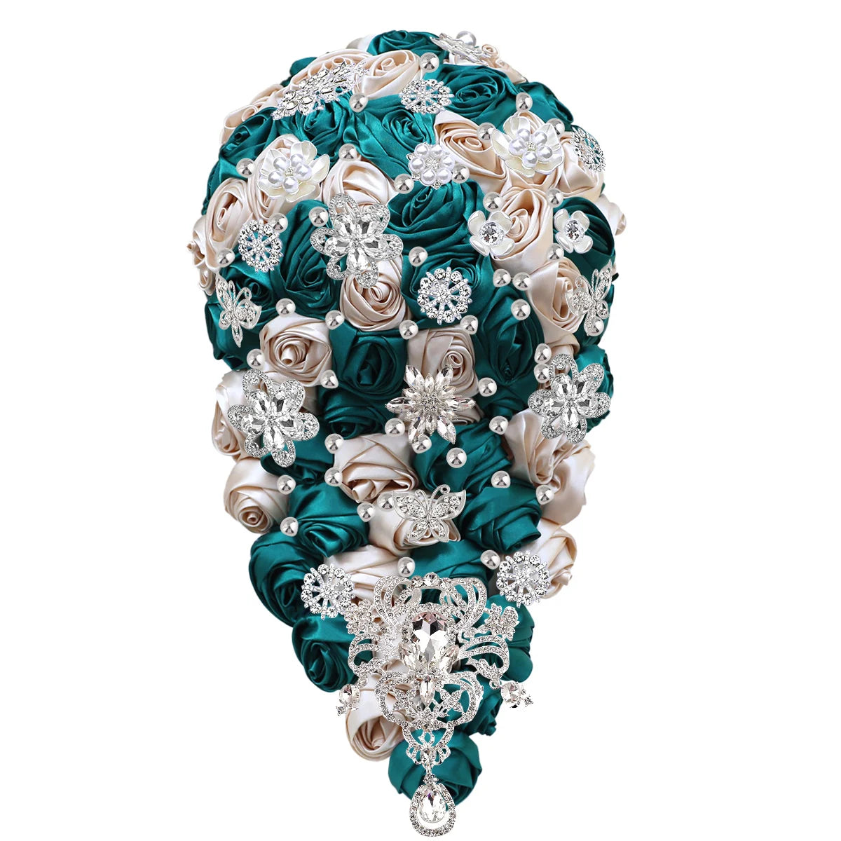 A teardrop-shaped bouquet with teal and cream satin roses, adorned with silver rhinestone brooches and pearls, creating an elegant and luxurious appearance.