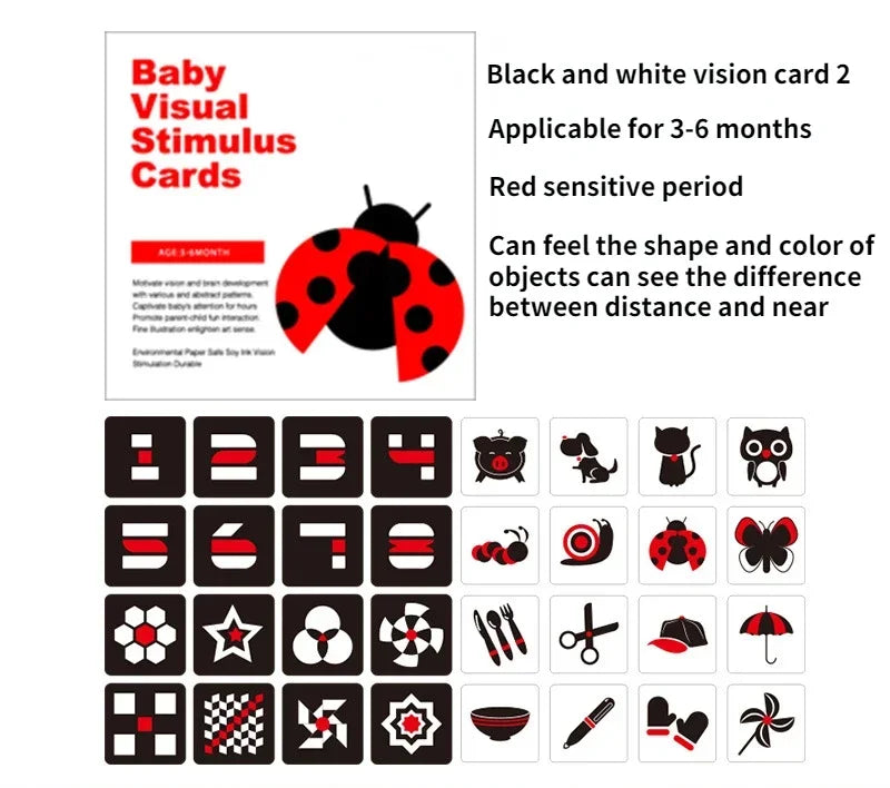 Baby Visual Stimulus Cards for ages 3-6 months, featuring bold black, white, and red patterns like numbers, animals, and shapes, designed to enhance visual development.