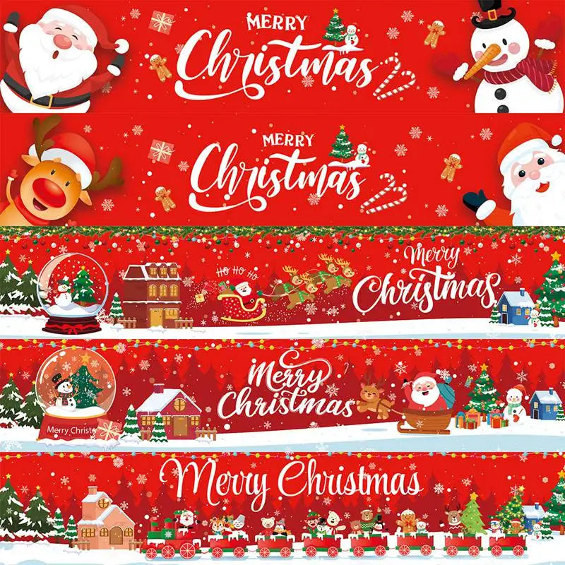 Five festive Christmas banners with Santa, reindeer, snowmen, gifts, candy canes, gingerbread, snow globes, houses, trees, and a train on a red background.