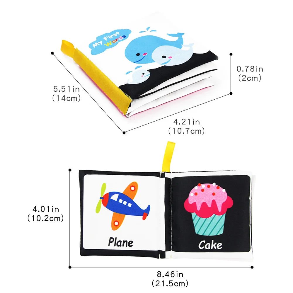 Soft baby book titled "My First Words" with colorful images of a plane and a cake. Closed dimensions: 5.51x4.21x0.78 inches. Open dimensions: 4.01x8.46 inches.