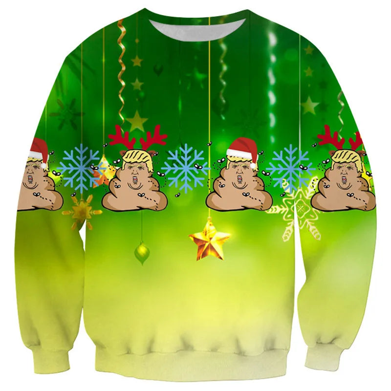 Green Christmas sweater with cartoon poop emojis wearing Santa hats and reindeer antlers, surrounded by snowflakes and dangling stars and ornaments.