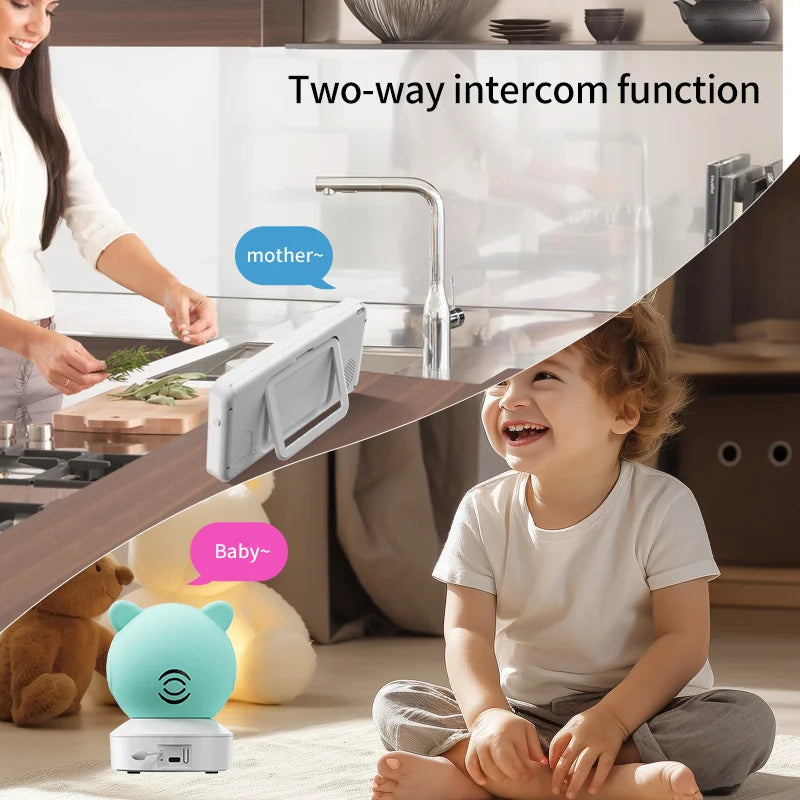 A split-image showing a mother cooking with a two-way intercom device and a happy child playing with a turquoise bear-shaped speaker. Text reads "Two-way intercom function."