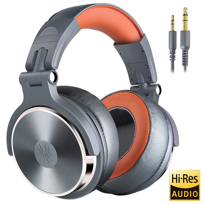 Gray and orange over-ear headphones with cushioned ear pads, featuring a Hi-Res audio label. Includes two different audio connectors.
