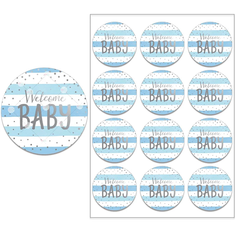 Round stickers with "Welcome Baby" in gray text on a blue and white striped background, dotted with small black spots. Twelve stickers arranged on a white background.